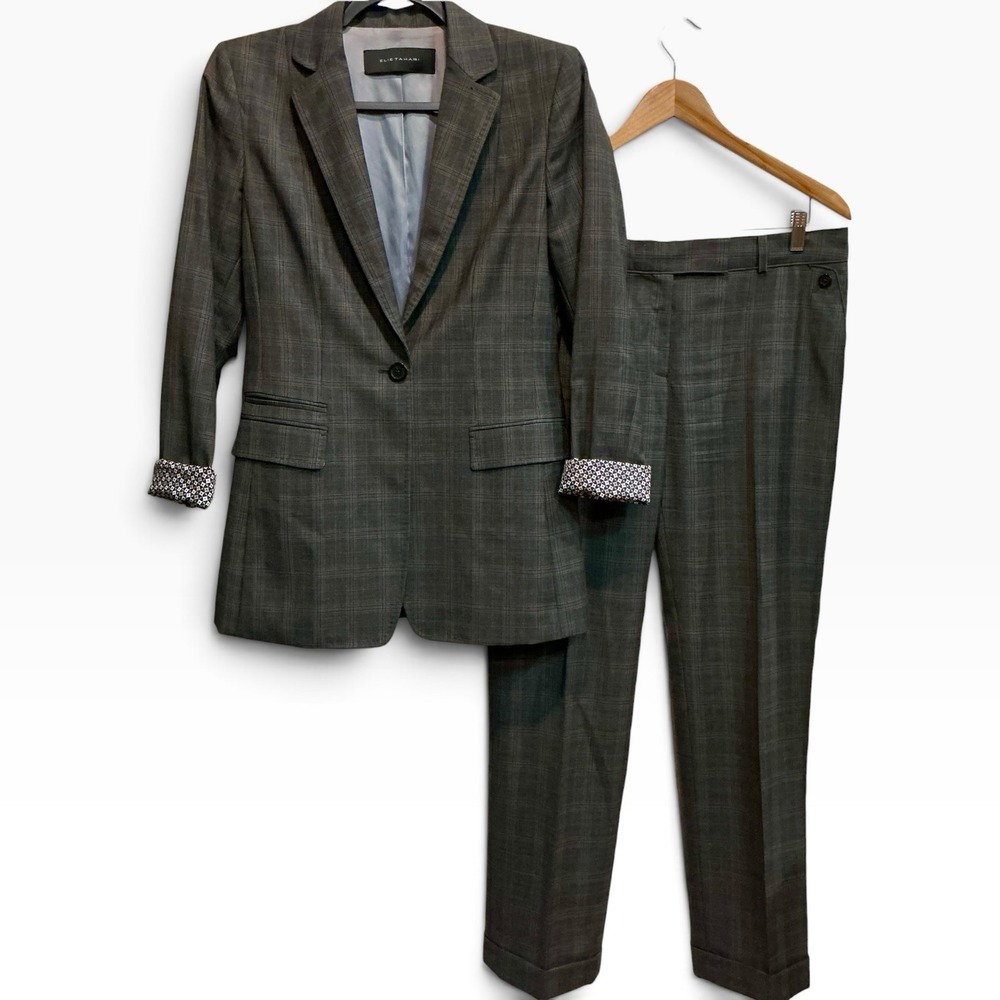 Elie Tahari Wool Plaid Pantsuit Blazer Trousers 2 Piece Menswear Tailored 6 / 8